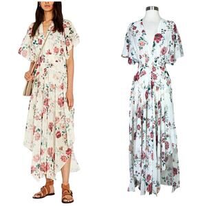 Maje | Rachelle Floral Flowy Romantic Asymmetric Boho V Neck Designer Maxi Dress